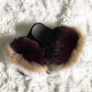 Burgundy and White Fur Slides